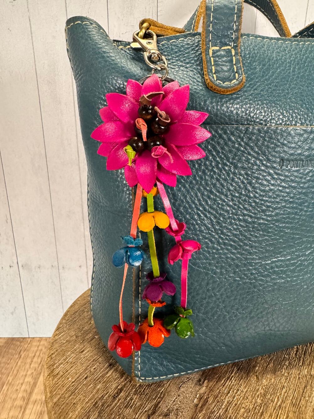 Hot Pink Daisy Bag Charm Genuine Leather Flower Purse Charm NEW